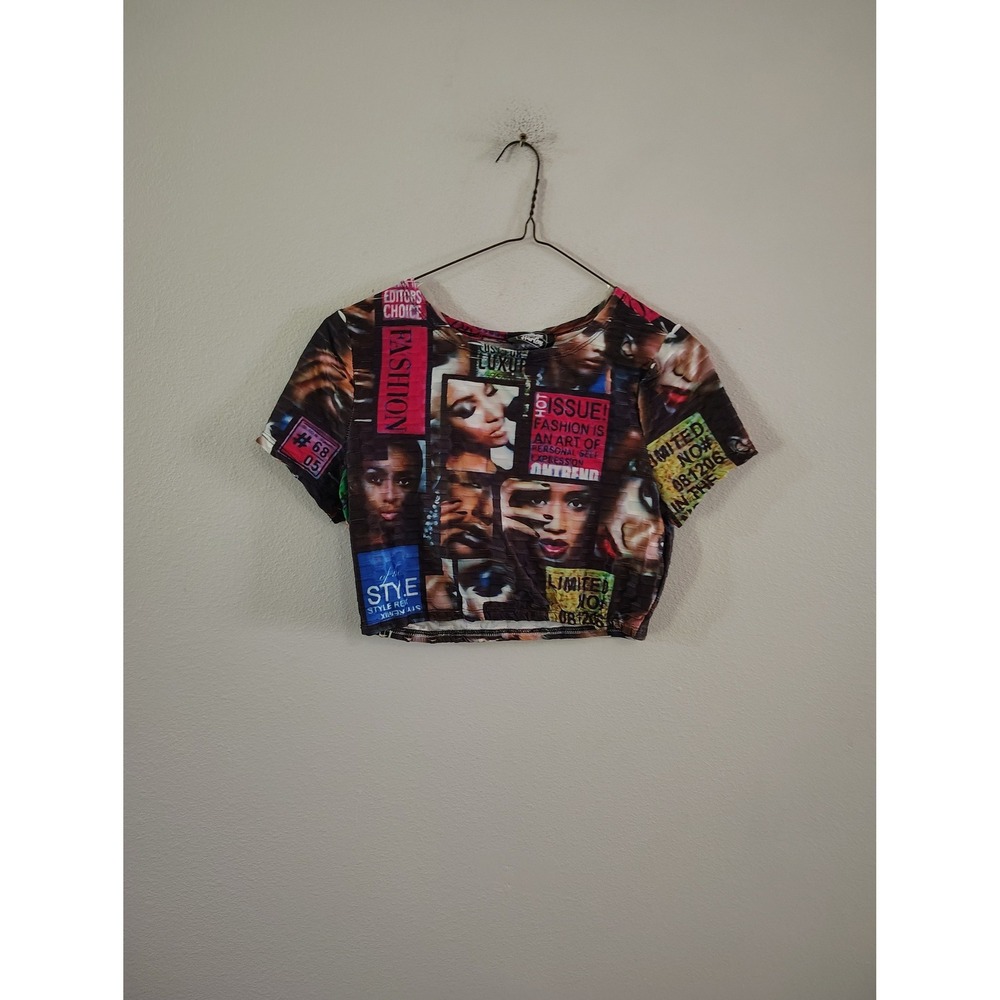 Vintage Harlem Womens Magazine Collage Graphic Print Crop‎ Top Short Sleeve M